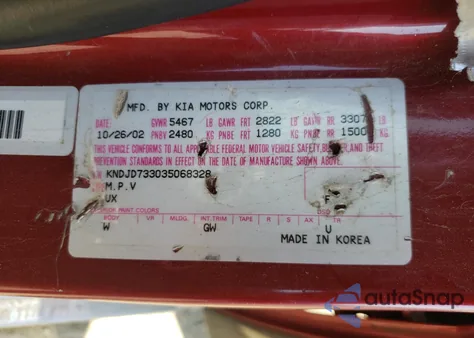 2003 Kia Sorento Ex z USA, uszkodzony, nr VIN KNDJD733035068328